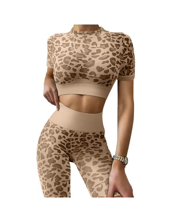 Fashion leopard print short sleeve suit yoga fitne...