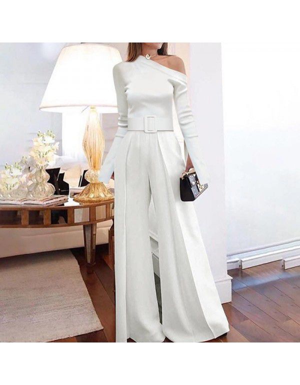 New Women's Long Sleeve Slim Fit One Shoulder Sexy Casual Lace Up Wide Leg Pants