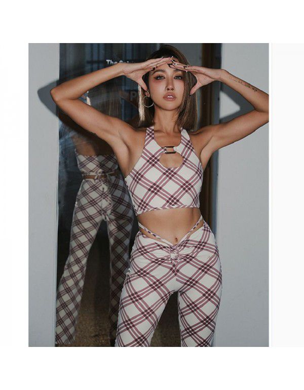 High-end sexy fashion plaid yoga suit women's neck...