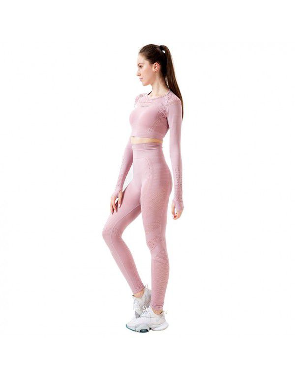 Yoga exercise suit fashion hollow breathable fitness suit women's high-end seamless European-American tights two-piece set 