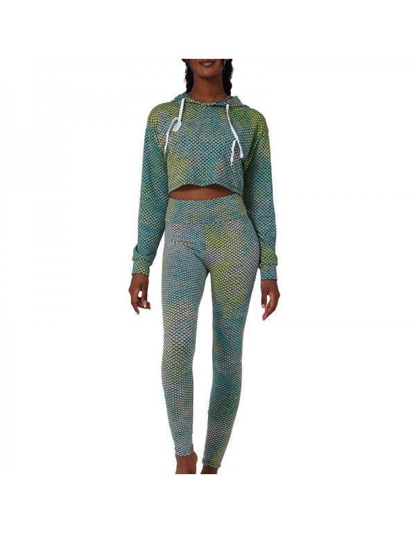 European and American tie dyed jacquard honeycomb tight hip lifting yoga suit long sleeve running fitness suit for women