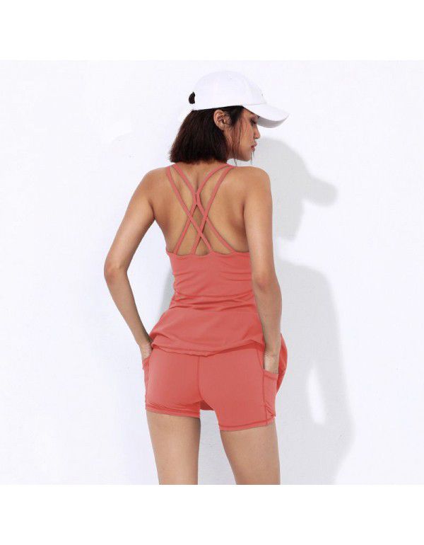 Yoga Suit Tennis Skirt Quick Dried Sports Skirt Pants Set High Waist Pocket Shorts Beauty Back With Chest Cushion Volleyball Suit