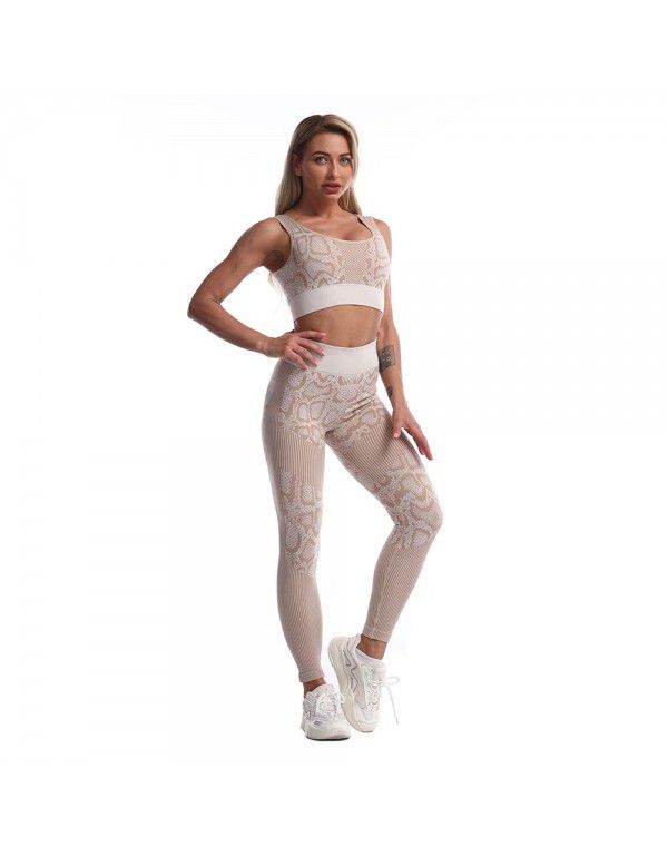 European and American snake pattern fitness suit women's high waist, hip lifting and quick drying sports vest, trousers, yoga suit 