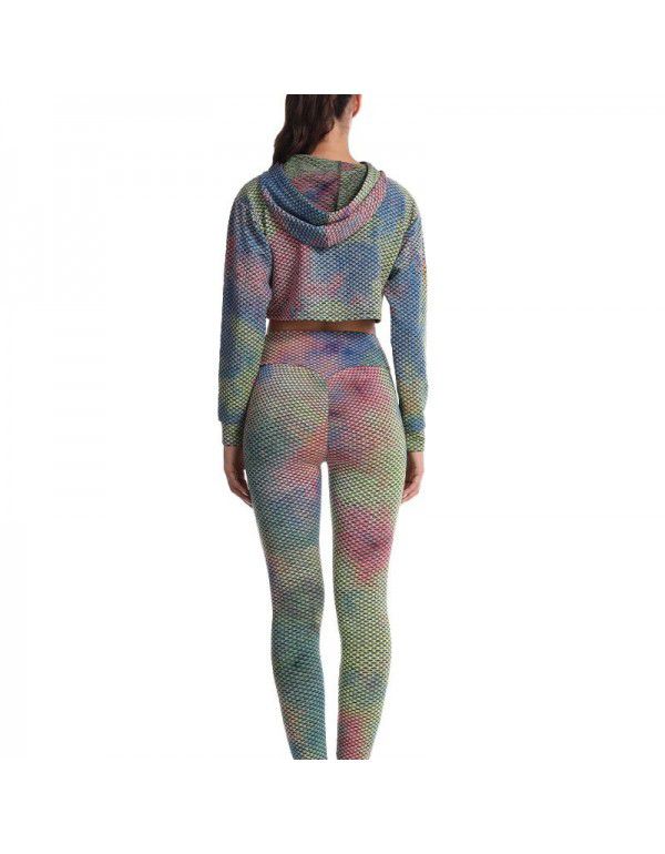 European and American tie dyed jacquard honeycomb tight hip lifting yoga suit long sleeve running fitness suit for women