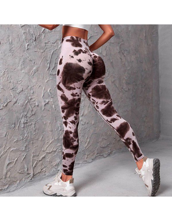 Honey Peach Hip Lifting Pants Tie Float High Waist Tight Yoga Fitness Pants Seamless Tie Dye Sports Tights