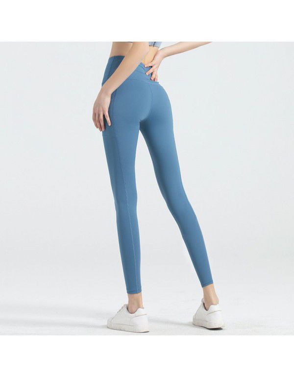 High waist pocket fitness pants for women in Europe and America cross-border double-sided nylon stretch sports tights Honey peach hip yoga pants 