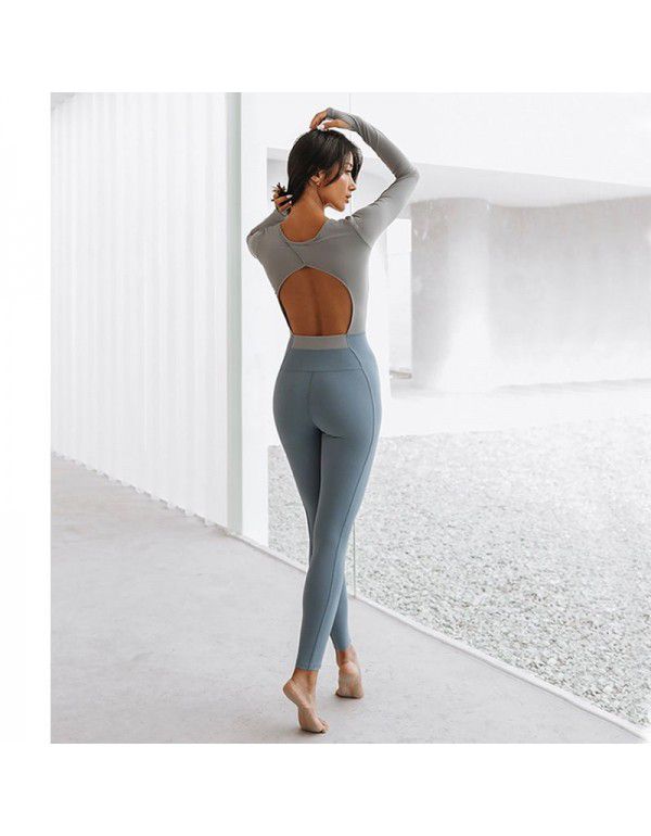 One-piece patchwork fitness suit women's spring and summer long-sleeved stretch bodysuit beauty back yoga suit dance suit 