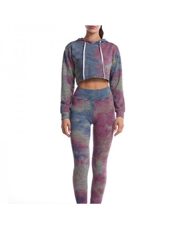 European and American tie dyed jacquard honeycomb tight hip lifting yoga suit long sleeve running fitness suit for women