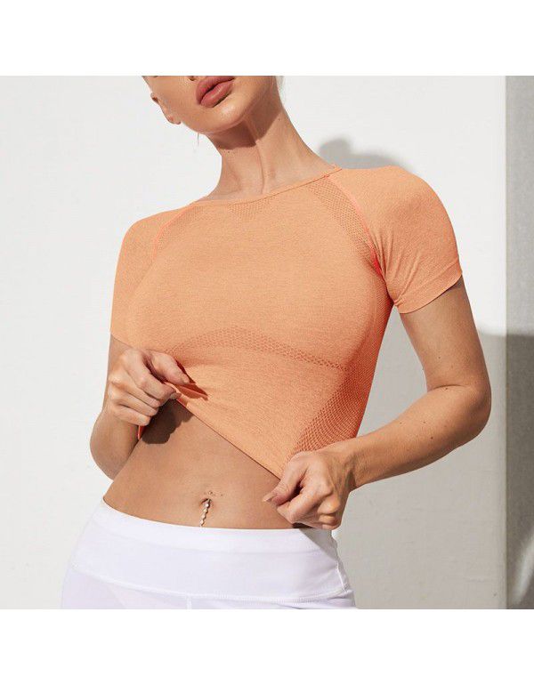 European and American fitness short sleeve open navel tight T-shirt cross-border seamless yoga short sleeve women's fitness clothes