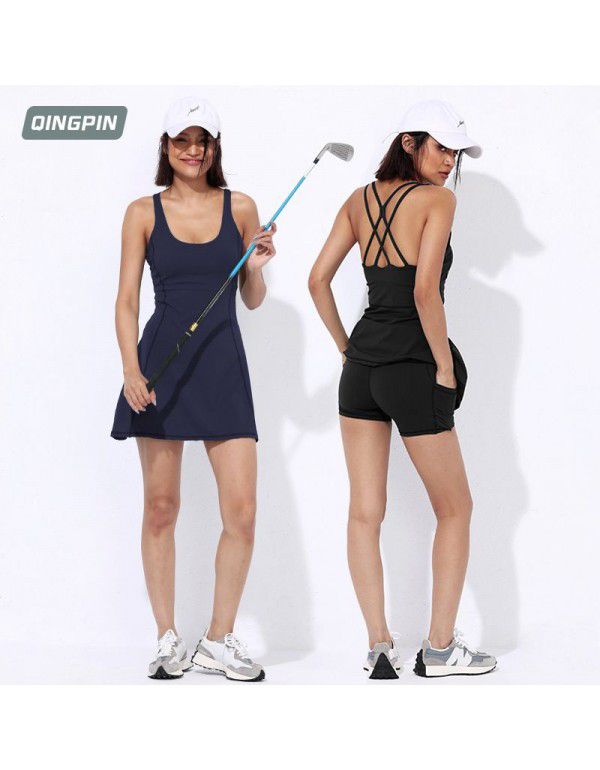 Yoga Suit Tennis Skirt Quick Dried Sports Skirt Pants Set High Waist Pocket Shorts Beauty Back With Chest Cushion Volleyball Suit