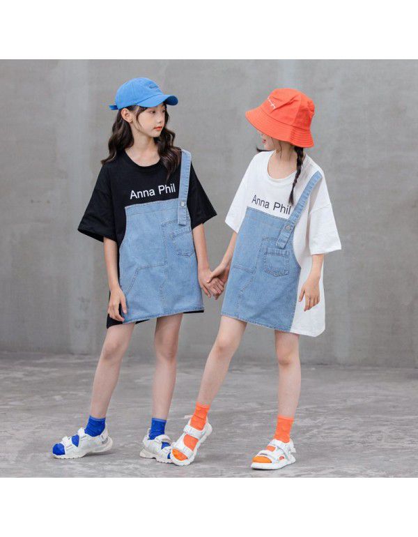 Children's New Girls' Loose T-shirt Summer Korean Version Chinese Big Children's Parent-child Dress Pure Cotton Splice Fake Two Piece Top