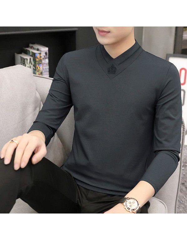 Modal men's long-sleeved t-shirt autumn and winter new slimming trend warm plush v-neck clothes bottoming shirt men 