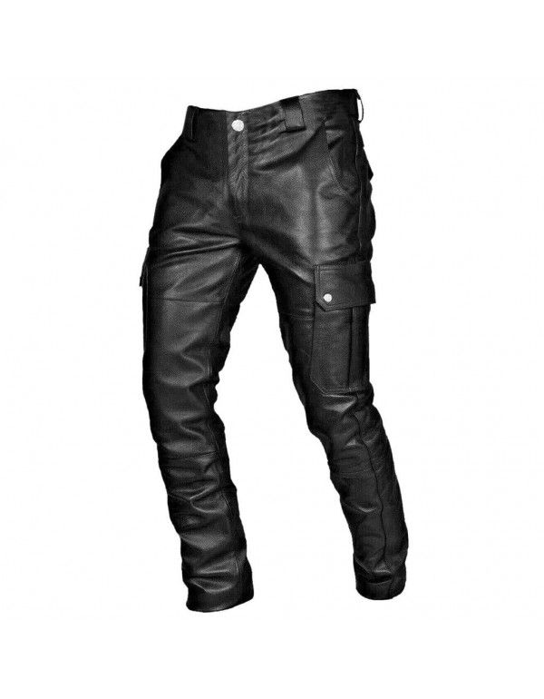 Men's Pocket Punk Vintage Gothic Leather Pants PU Strap Casual Leather Pants