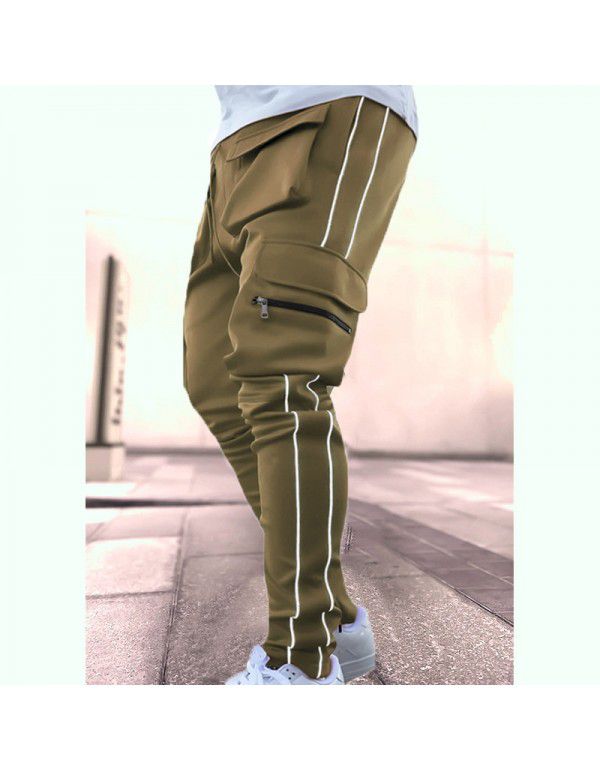 Spring and Autumn Work Wear Pants Men's Fashion Brand Elastic Multi Pocket Reflective Straight Sleeve Sports Fitness Casual Pants