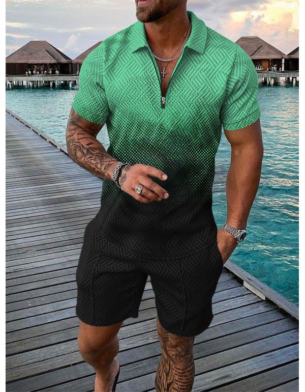 European and American men's new supply casual color contrast POLO zippered polo short sleeve suit