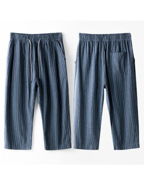 Elastic waist stripe large straight cotton and hemp casual pants Men's drawstring waist loose linen pants 