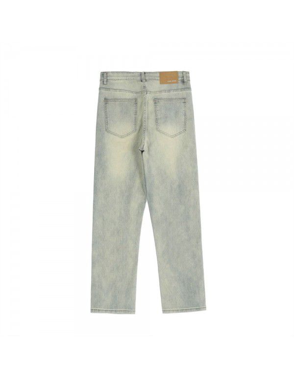 Solid Color Washed Old Jeans Men's American Vintage Fashion Loose Straight Leg Pants Fashion Casual Pants