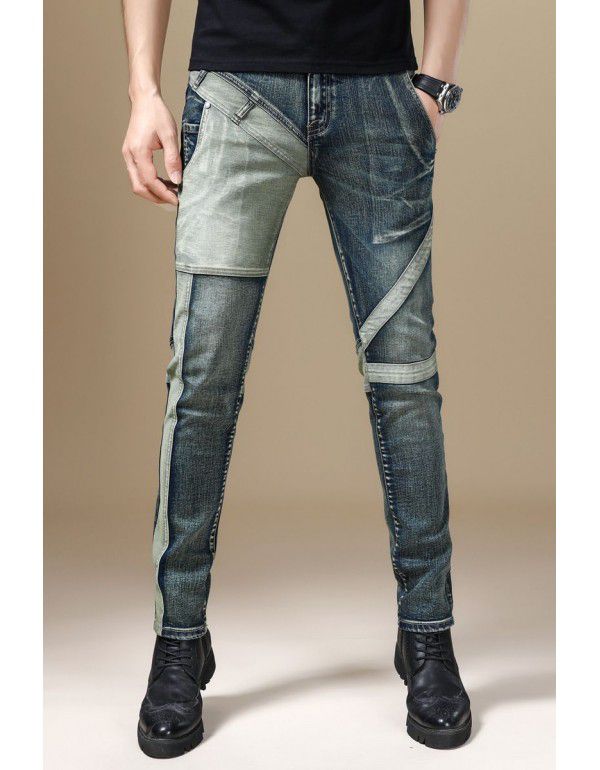 Autumn new high-end motorcycle stitching stretch jeans Men's slim fit small foot casual heavy work retro personalized pants 