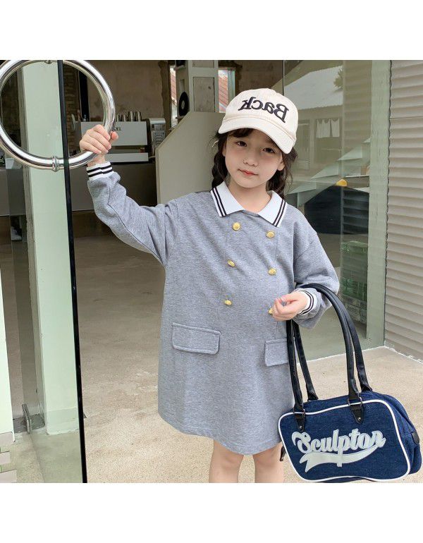 Autumn New Long Sleeve T-shirt for Girls Korean Foreign Style Polo Dress for Children Fashion Long T Dress