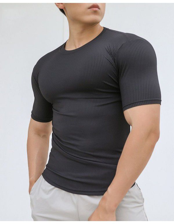 New sports short-sleeved men's summer solid color stripe fitness training casual high stretch fit T-shirt top 