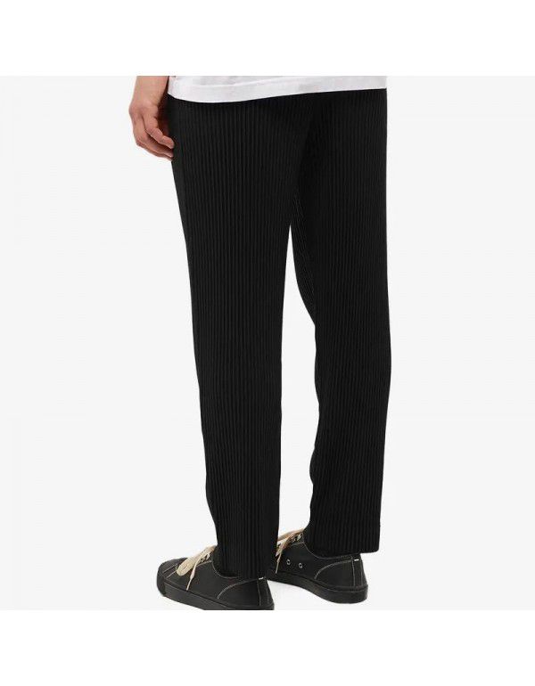 Men's pleated loose straight cropped casual pants High waist elastic lace up closure fashion pants