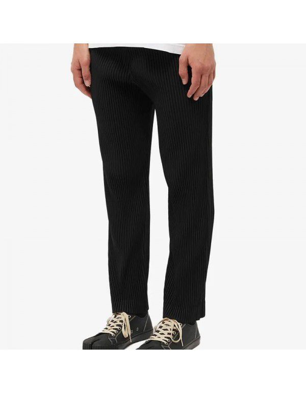 Men's pleated loose straight cropped casual pants High waist elastic lace up closure fashion pants