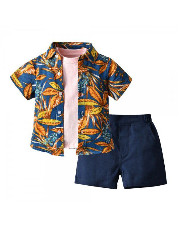 Hawaiian Set Boys' Fashion Flower Shirt Jacket Short Sleeve T-shirt Shorts 3PK Set 