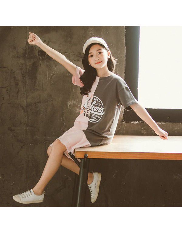 Summer Korean version of large and medium-sized children's clothing color letters t-shirt short sleeve dress children's skirt parent-child dress 