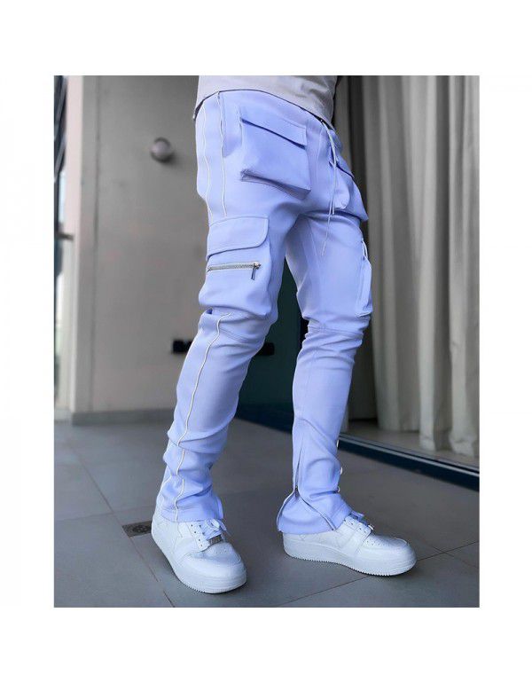 Spring and Autumn Work Wear Pants Men's Fashion Brand Elastic Multi Pocket Reflective Straight Sleeve Sports Fitness Casual Pants