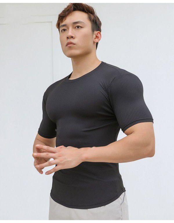 New sports short-sleeved men's summer solid color stripe fitness training casual high stretch fit T-shirt top 