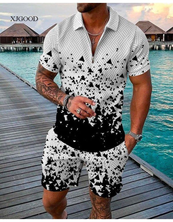 Fashion button polo shirt set Men's casual 3D printed polo shirt shorts