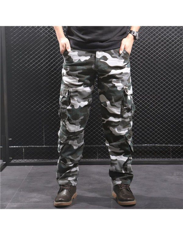 Wear-resistant, loose, straight, multi-pocket men's camouflage overalls long pants