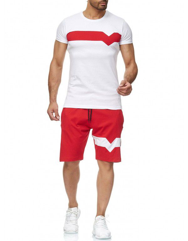 New men's summer sports suit men's short sleeve short cotton color contrast casual sports suit men 