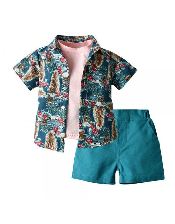 Hawaiian Set Boys' Fashion Flower Shirt Jacket Short Sleeve T-shirt Shorts 3PK Set 