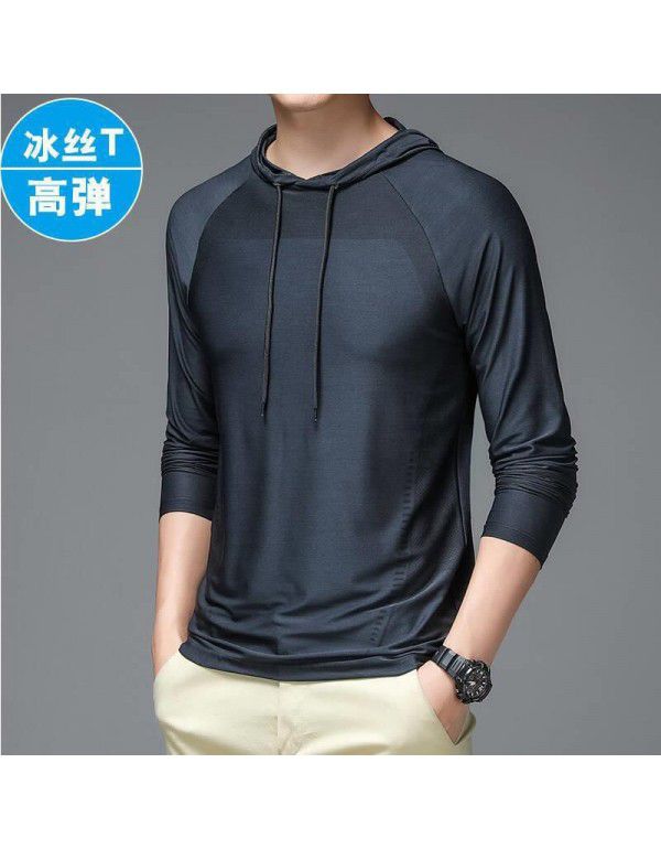 Autumn Men's Ice Silk Quick Dry Hoodie Long Sleeve T-shirt Sports Leisure Outdoor Fitness Running Top