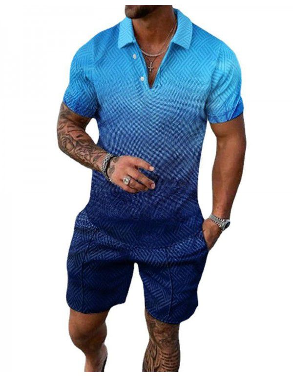 Fashion button polo shirt set Men's casual 3D printed polo shirt shorts