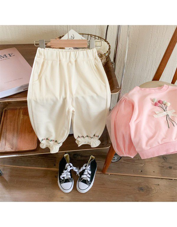 Children's casual pants Spring and Autumn Korean version Girls' embroidered leggings Baby retro pants