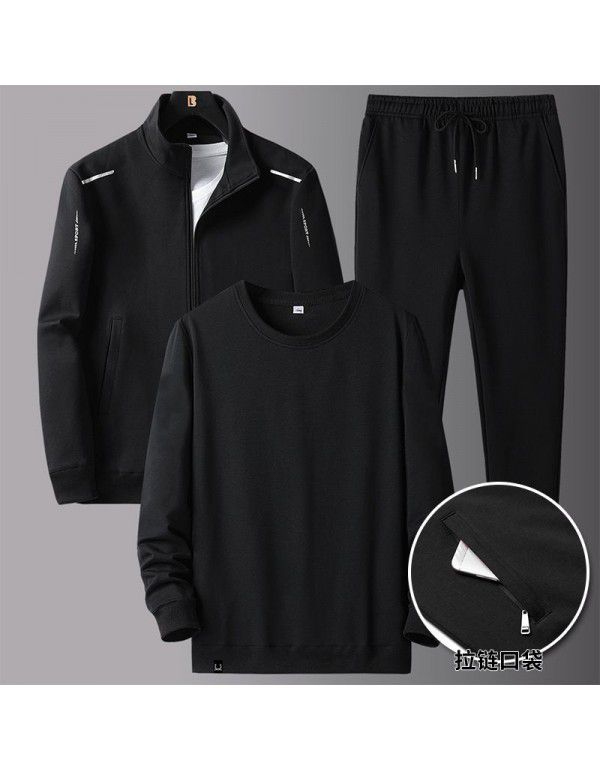 Men's spring and autumn new sportswear suit middle-aged father's loose sweater three-piece large casual coat 