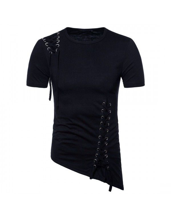 Summer European Size Irregular Design Woven Rope Men's Short Sleeve T-shirt Casual T-shirt Men
