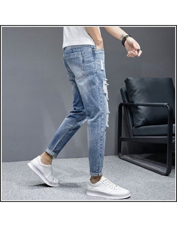 Perforated Pants Jeans Men's Slim Fit Feet Casual Versatile Beggar Fashion Brand Cropped Pants