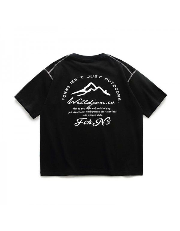 Summer New Solid Back Print Round Neck Short Sleeve Japanese Fashion High Street Loose T-shirt Men
