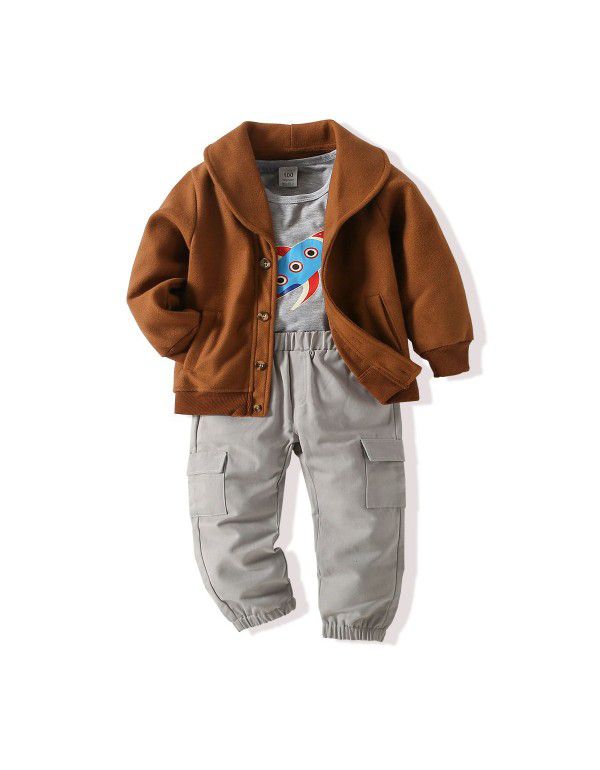 Boys' tweed coat gray rocket long sleeve T-shirt pants for small and medium-sized children 3-piece set