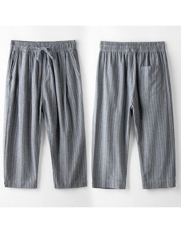 Elastic waist stripe large straight cotton and hemp casual pants Men's drawstring waist loose linen pants 