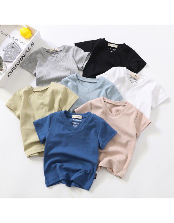 Summer New Children's Short Sleeve V-Neck T-shirt Men's and Women's Small and Middle School Children's Baby Cotton Top Solid Color Bottom Shirt 