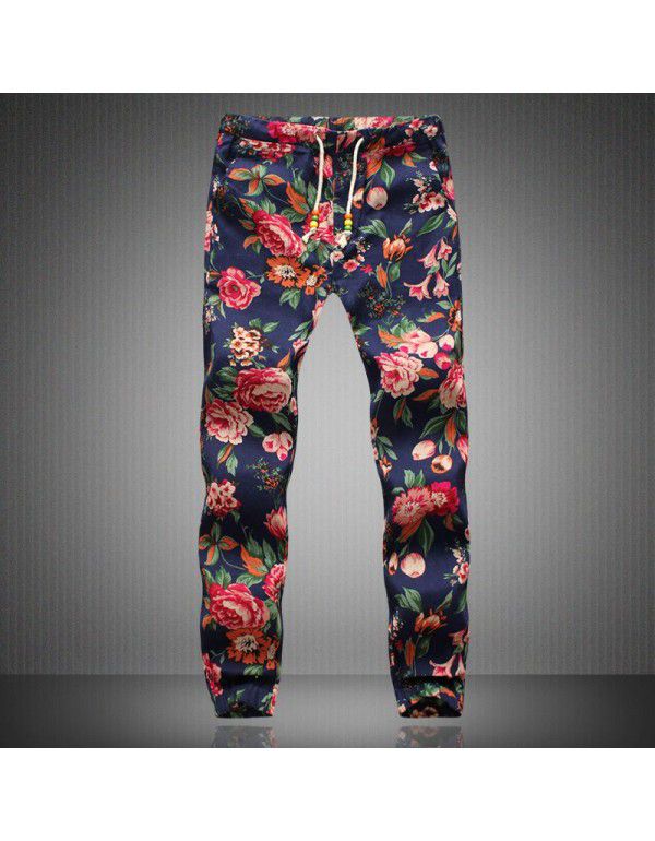 Summer floral cotton and hemp lace small leg capris men's slim Harun men's casual pants 