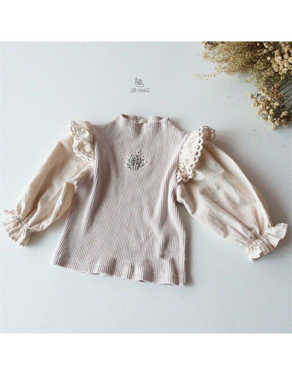 Girls' Westernized Embroidery Flower Small Filigree Bottom Top Small and Medium Girls' Knitted T-shirt ins