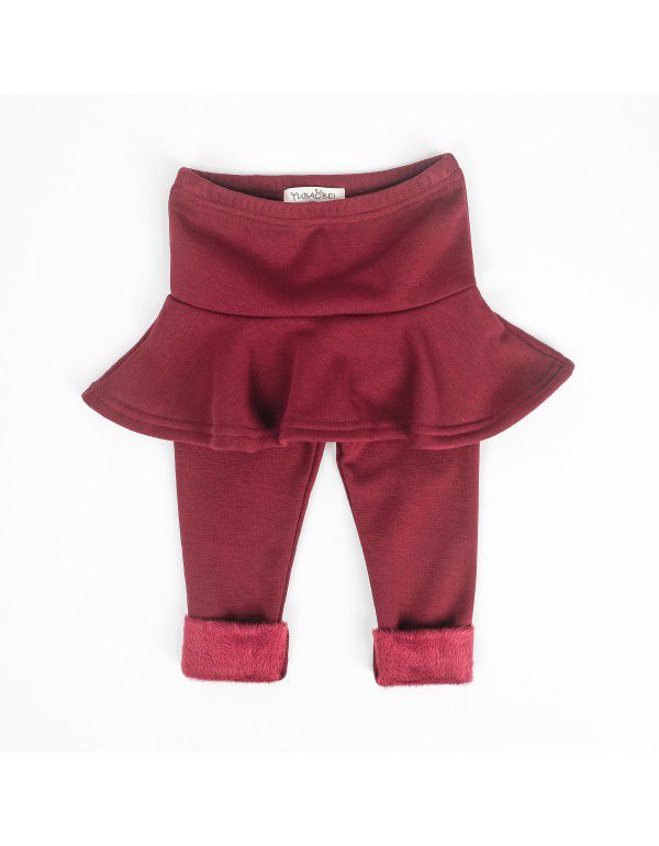 Fake two-piece leggings girls' skirt pants wear plush thickened children's thermal insulation trousers cotton in winter 