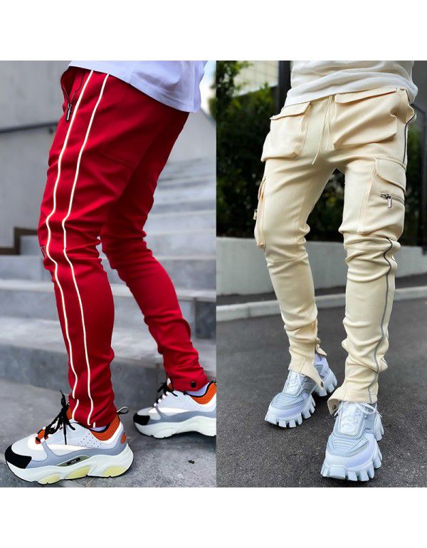 Spring and Autumn Work Wear Pants Men's Fashion Brand Elastic Multi Pocket Reflective Straight Sleeve Sports Fitness Casual Pants