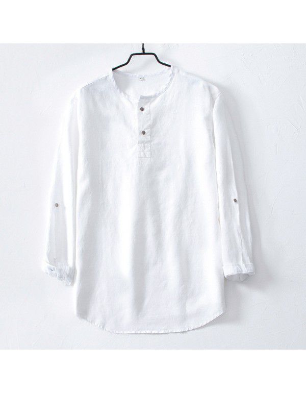 Linen men's T-shirt Loose casual 9/4 long sleeved ...