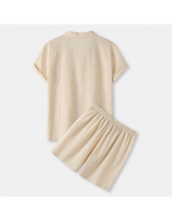 Summer New Men's Linen Short Sleeve T-shirt Set Korean Retro T-shirt Cotton Linen Solid casual set